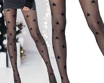 Christmas tights for women STARS, black with star pattern