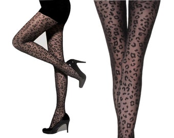 Elegant, patterned tights with leopard print in sizes S-L