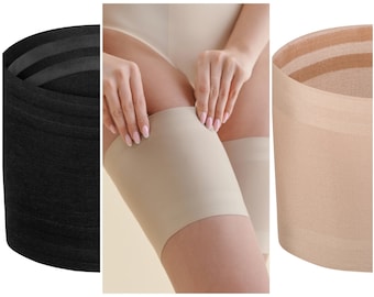 Thigh bands with silicone strips to protect against rubbing: Smooth satin, in beige and black, sizes S - 2XL