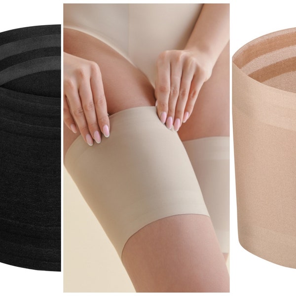 Thigh bands with silicone strips to protect against rubbing: Smooth satin, in beige and black, sizes S - 2XL