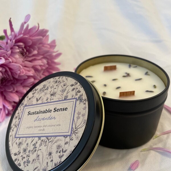 All Natural Beeswax & Coconut Wax Candle in a Black Tin | Reusable Tin | Non-toxic | 100% Natural | Dried Flowers | Spa Day | Self Care