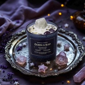 Candela dei sogni con pietra di luna e ametista, aromaterapia alla lavanda e gelsomino, aiuto per dormire, candela rituale di rilassamento, regalo di stregoneria, candela rituale