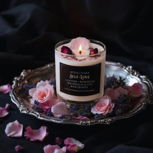 Self Love Candle, Candle with Rose Quartz, Witchy Candle, Crystal Infused Candle, Manifestation Candle, Ritual Candle