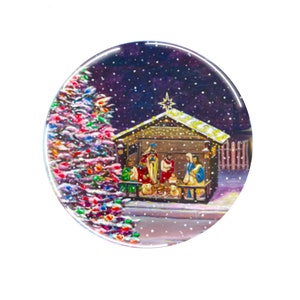 Mackinac Magnet, 2.25” metal magnet featuring Erynn Rice‘s painting of Mackinac Island’s nativity and Christmas tree