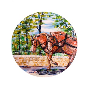 2” Vinyl Sticker featuring Erynn Rice‘s painting of horses on Mackinac Island
