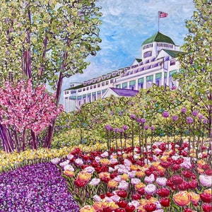 Mackinac Wood Print, 10 x 10&quot; hand embellished print of Erynn Rice&#39;s original painting of Grand Hotel‘s Secret Garden, printed on wood