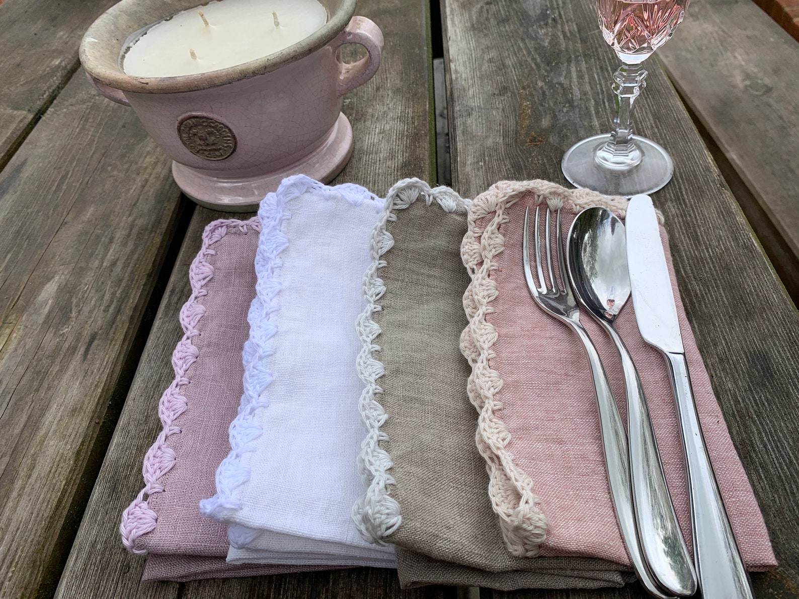 Linen Napkins Hand Crocheted Edging Made in the U.K. an Etsy