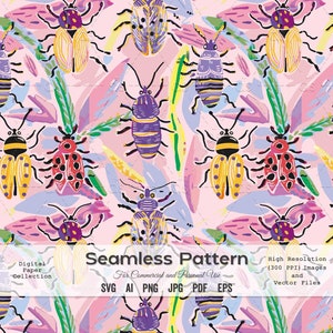 May include: A seamless pattern featuring colorful cartoon bugs on a pink background. The bugs are drawn in a whimsical style with bright colors and bold lines. The pattern is perfect for use in a variety of projects, such as fabric, wallpaper, and wrapping paper.