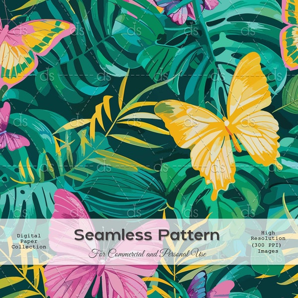 Seamless Pattern Of Vibrant Tropical Leaves And Colorful Butterflies, Exotic Jungle Atmosphere, Digital Paper, Textile, Seamless Wallpaper