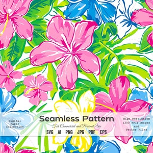 Seamless Pattern, Hibiscus and Tropical Flowers Pattern / SVG - PNG - JPG - Pdf - Eps - Ai / Repeatable Background, Commercial Use