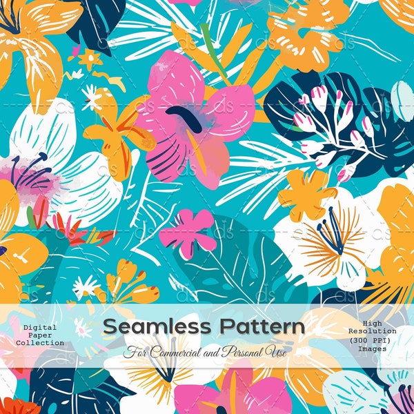 Seamless Pattern Colorful Hibiscus Flowers and Leaves, Fabric, Paper, Wallpaper, Textile Printing, Fashion Print, or any project, Repeatable