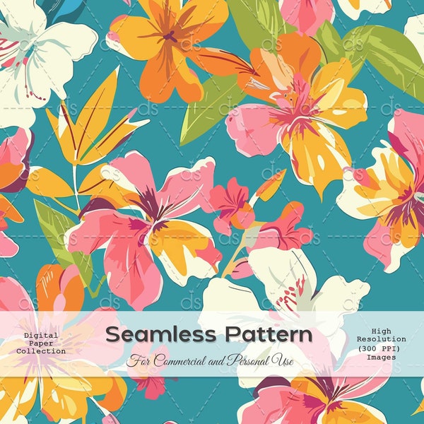 Seamless Pattern Hibiscus Flowers and Orchids, Seamless Tropical Digital Paper, Textile, Wallpaper, T-Shirts, Bags, Home Decor, Stationery