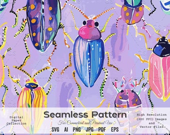 May include: A seamless pattern featuring colorful beetles with intricate details. The beetles are drawn in a watercolor style on a purple background. The pattern is perfect for fabric, wallpaper, or other design projects.