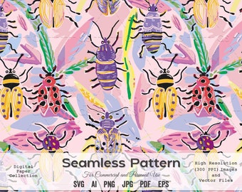 May include: A seamless pattern featuring colorful cartoon bugs on a pink background. The bugs are drawn in a whimsical style with bright colors and bold lines. The pattern is perfect for use in a variety of projects, such as fabric, wallpaper, and wrapping paper.