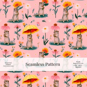 May include: A seamless pattern on a light pink background featuring illustrations of ground squirrels holding yellow umbrellas or orange flowers, interspersed with white daisies and pink coneflowers. Text reads Digital Paper Collection Seamless Pattern.