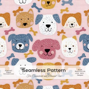 Cute Puppies & Bones Seamless Pattern – Playful Dog Digital Paper for Kids, Nursery, Pet Lovers – Cartoon Puppy Background