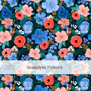 May include: A seamless digital pattern featuring a dense arrangement of painted flowers in shades of coral, light pink, and blue against a dark navy background. The design includes small white blossoms and green leaves. Text reads Digital Paper Collection Seamless Pattern High Resolution 300 PPI Images.