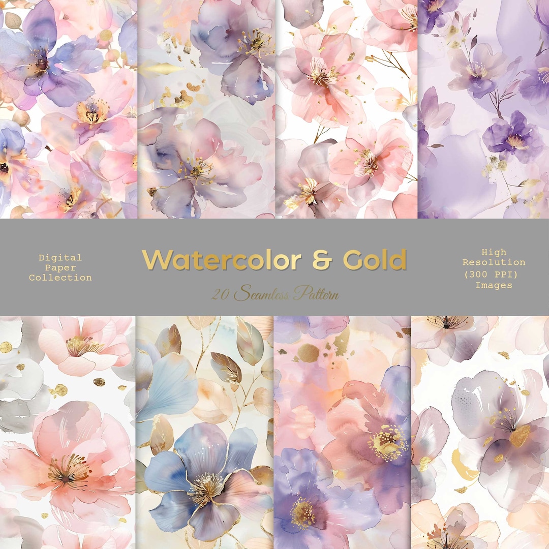 Watercolor Floral Seamless Pattern. Digital Watercolor & Gold Floral ...