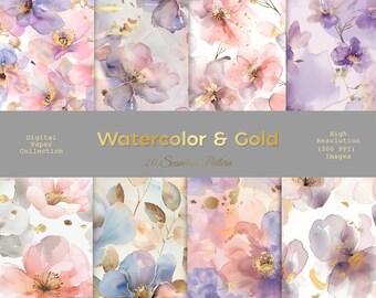 Patrón floral sin costuras en acuarela. Acuarela digital y papel floral dorado. Patrón sin costuras de flores pastel. Diseño romántico para imprimir.