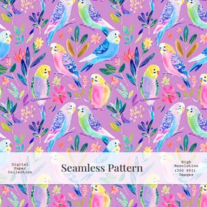 May include: A seamless pattern featuring watercolor illustrations of colorful parakeets, flowers, and foliage on a lavender background. The parakeets are in shades of blue, green, yellow, and pink. The text "Seamless Pattern" is displayed.