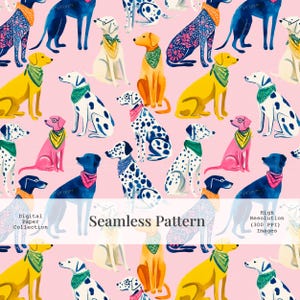 May include: A seamless pattern on a light pink background featuring various illustrated dogs wearing colorful bandanas and glasses. The dogs are depicted in shades of yellow, blue, white with black spots, and pink. Text reads Digital Paper Collection Seamless Pattern High Resolution 300 PPI Images.