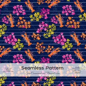 Lobster Floral Seamless Pattern – Nautical Summer Sea Digital Paper – Coastal Ocean Animal Design