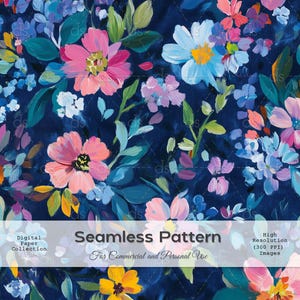 ネイビーブルーの花柄シームレスパターン | 油絵風デジタルペーパー | カラフルな花柄 | 高解像度 300 DPI | すぐにダウンロード