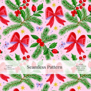 May include: A seamless digital pattern on a light pink background featuring repeating illustrations of green pine branches, bright red holly berries, and large red bows with white polka dots, interspersed with small yellow stars and text.