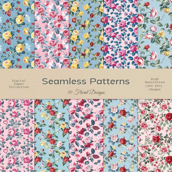 Seamless Rose Pattern Set, Pink and Blue Vintage Floral Seamless Pattern Digital Paper,  For Wallpapers Fabrics Design Etc. Commercial Use.