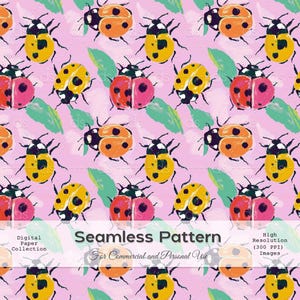 Modello senza cuciture con coccinella dipinta – Carta digitale con insetto primaverile colorato – Design ripetuto con motivo naturale per bambini