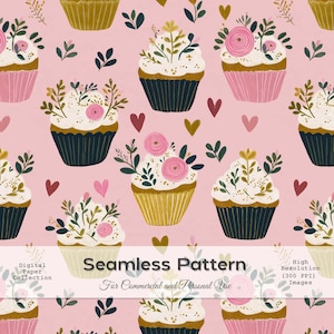 Cupcake Floral Hearts Pattern: Pink Valentine&#39;s Day Digital Paper (JPG Download)