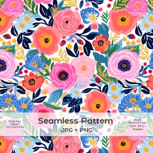 May include: A seamless pattern featuring pink, red, and blue flowers with green leaves on a white background. The pattern is perfect for creating digital paper, fabric, or wallpaper.