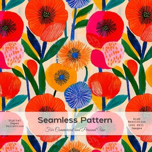 Vibrant Floral Seamless Pattern, Hand-Painted Digital Paper, Bold Colorful Flower Print, High-Resolution, Instant Download For Crafts&Fabric