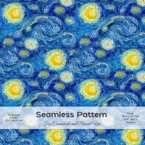 Carta digitale notte stellata senza soluzione di continuità Van Gogh, motivo cielo stellato, sfondo vorticoso blu e giallo, arte stampabile ispirata a Van Gogh