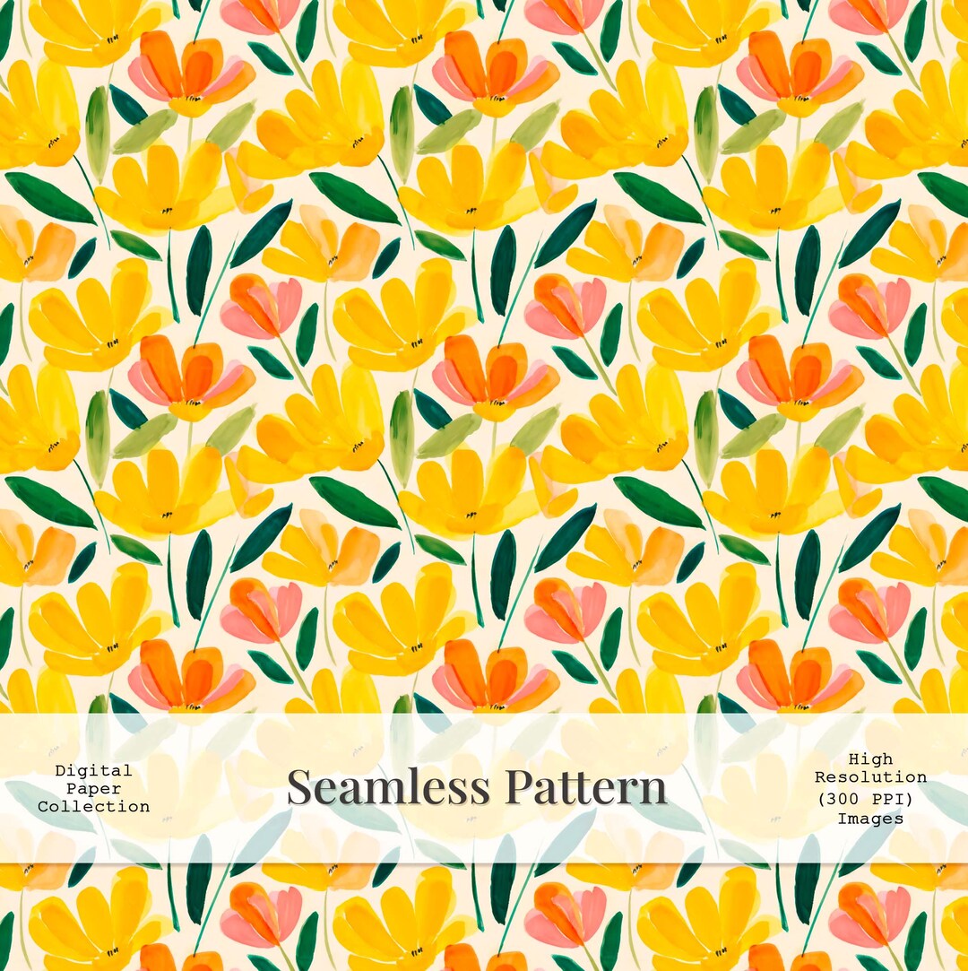 Yellow Watercolor Floral Seamless Pattern Digital Paper With Large ...