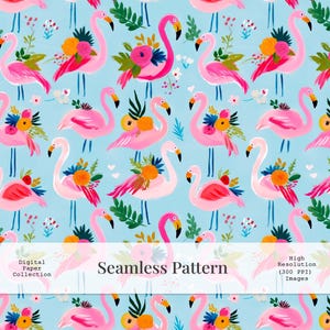 May include: A seamless pattern featuring pink flamingos on a light blue background. Each flamingo is adorned with a bouquet of orange, pink, and yellow flowers with green leaves. The text reads Digital Paper Collection, Seamless Pattern, High Resolution.