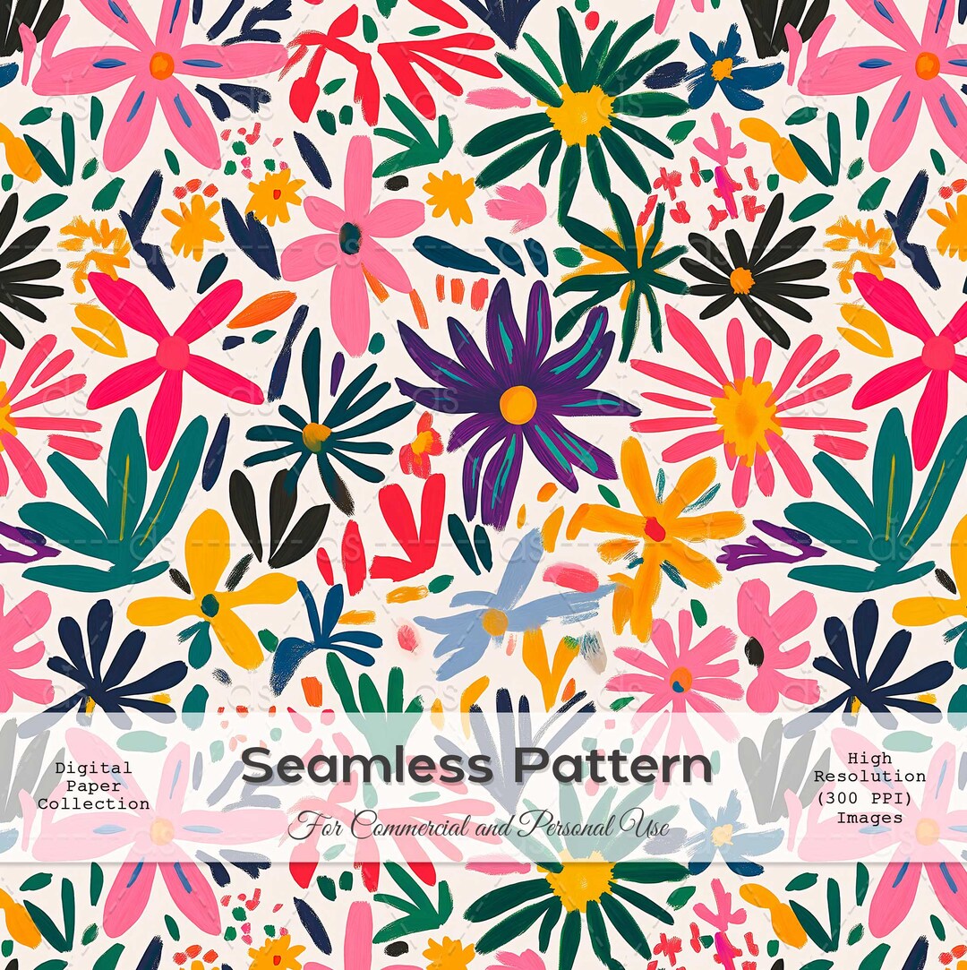 Vibrant Modern Floral Pattern, Digital Download, Whimsical Flower ...