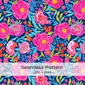 Colorful Floral Seamless Pattern - Pink, Blue Flowers & Green Leaves - Digital Paper (JPG, PNG)