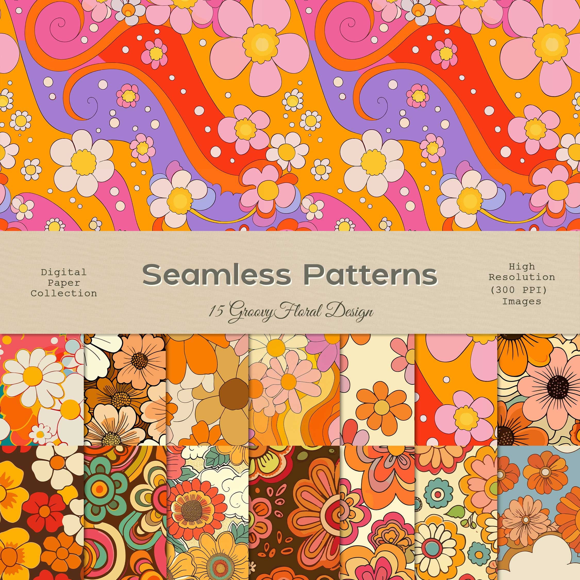 Conjunto de patrones florales retro maravillosos, flores vintage, patrones digitales, archivo sin costuras, patrón de primavera maravilloso, papel digital, descarga instantánea.