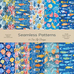 Sea Life Seamless Pattern Set: Nautical Digital Paper (300ppi)