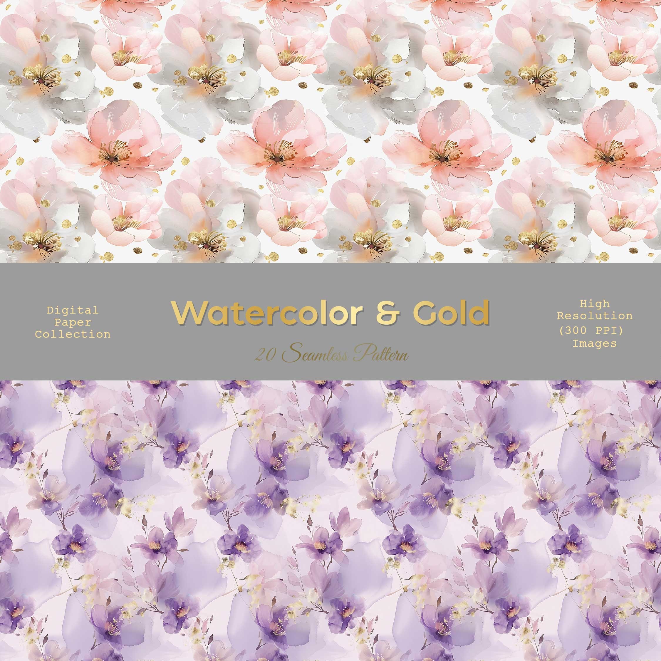 Watercolor Floral Seamless Pattern. Digital Watercolor & Gold Floral ...