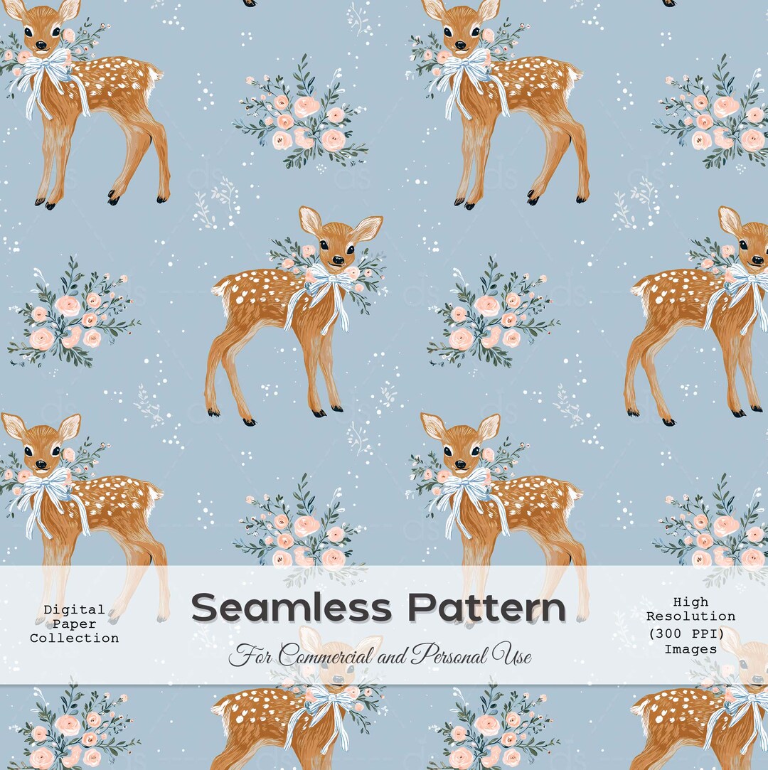 Fawn Seamless Pattern Digital Paper, Nursery Animal Pattern, Blue ...