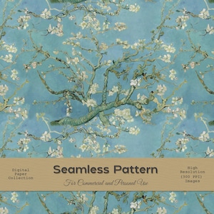 Puede incluir: Patrón sin costuras que presenta una pintura de ramas de almendros en flor sobre un fondo azul claro. La obra de arte tiene un estilo texturizado y pictórico con flores blancas y ramas marrones. El texto en la imagen dice "Seamless Pattern" y "Digital Paper Collection."