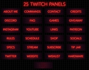 Può includere: 25 pulsanti di pannello Twitch al neon rosso con etichette di testo su uno sfondo di muro di mattoni nero. Le etichette includono: Chi sono, Comandi, Contatti, Crediti, Discord, FAQ, Giochi, Giveaway, Instagram, Youtube, Link, Patreon, Regole, Programma, Negozio, Social Media, Specifiche, Streaming, Iscriviti, Barattolo per le mance, Twitter, Sito web, Lista dei desideri, Hardware.