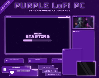 Può includere: Pacchetto di overlay per streaming PC LoFi viola con elementi animati. Il design include uno schermo principale con una grafica "Stream Starting" e una barra di avanzamento, insieme a chat box, cornici per webcam e pulsanti interattivi. Il testo include "Latest Subscriber", "New Gift" e "Games".