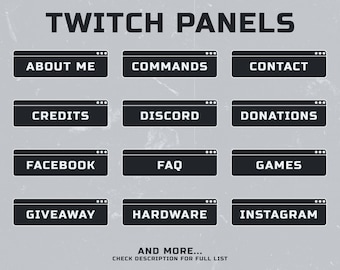 Può includere: Grafica con pannelli Twitch neri con testo bianco su sfondo grigio. I pannelli includono "About Me", "Commands", "Contact", "Credits", "Discord", "Donations", "Facebook", "FAQ", "Games", "Giveaway", "Hardware" e "Instagram".