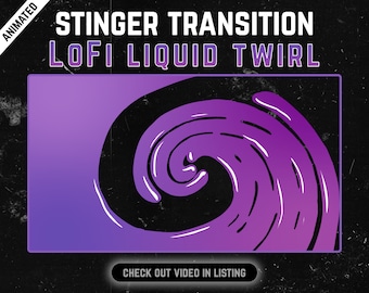 Può includere: Effetto di transizione animato a vortice di liquido viola e bianco con il testo "STINGER TRANSITION LOFI LIQUID TWIRL" e "CHECK OUT VIDEO IN LISTING" in basso.