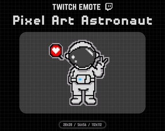 Può includere: Astronauta in pixel art che indossa una tuta spaziale bianca e un casco, che fa il segno della pace con un cuore rosso in un fumetto sopra la sua testa. L'astronauta si trova su uno sfondo a griglia bianco e nero.