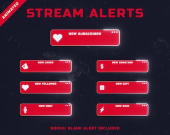 Può includere: Alert di streaming animate per Twitch o YouTube. Le notifiche sono rosse con contorni bianchi e includono icone per nuovo abbonato, nuovo cheer, nuovo follower, nuovo host, nuova donazione, nuovo regalo e nuovo raid. Il testo "BONUS: ALLERTA VUOTA INCLUSA" è nella parte inferiore dell'immagine.