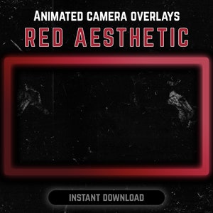 Könnte beinhalten: Roter animierter Kamera-Overlay mit Grunge-Ästhetik. Der Overlay befindet sich in einem rechteckigen Rahmen mit rotem Rand. Der Text "ANIMATED CAMERA OVERLAYS" und "RED AESTHETIC" befindet sich oben im Bild. Der Text "INSTANT DOWNLOAD" befindet sich unten im Bild.